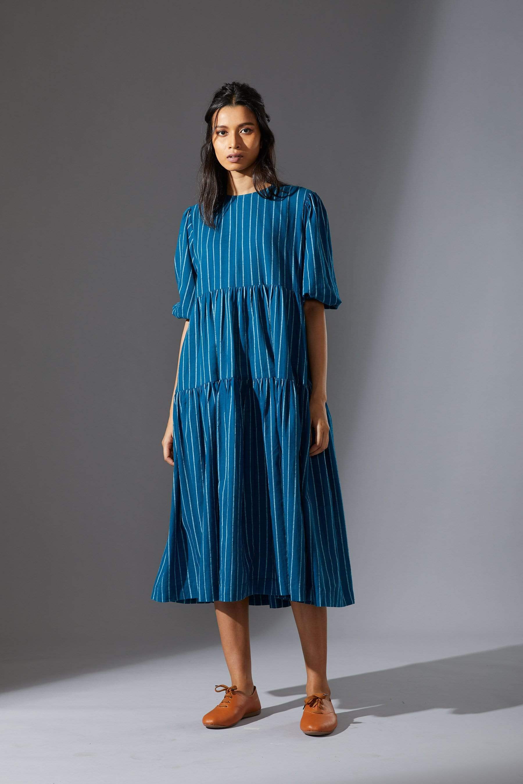 Handwoven cotton striped tiered dress in blue by MATI India — easy fit, size inclusive XS to 7XL