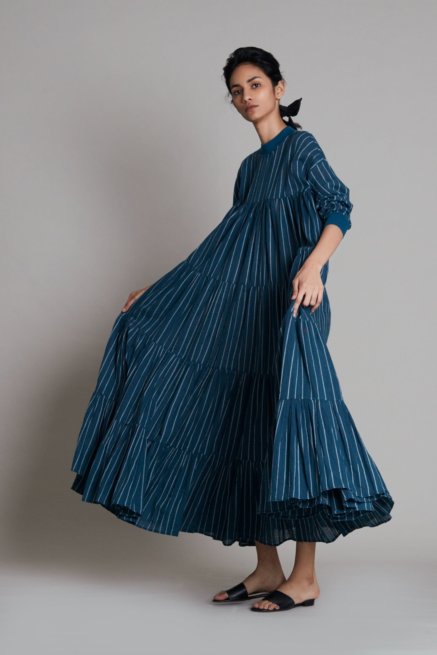  Handwoven cotton striped maxi dress in teal blue with voluminous frills and rib detailing, Azo-free dye, by MATI India