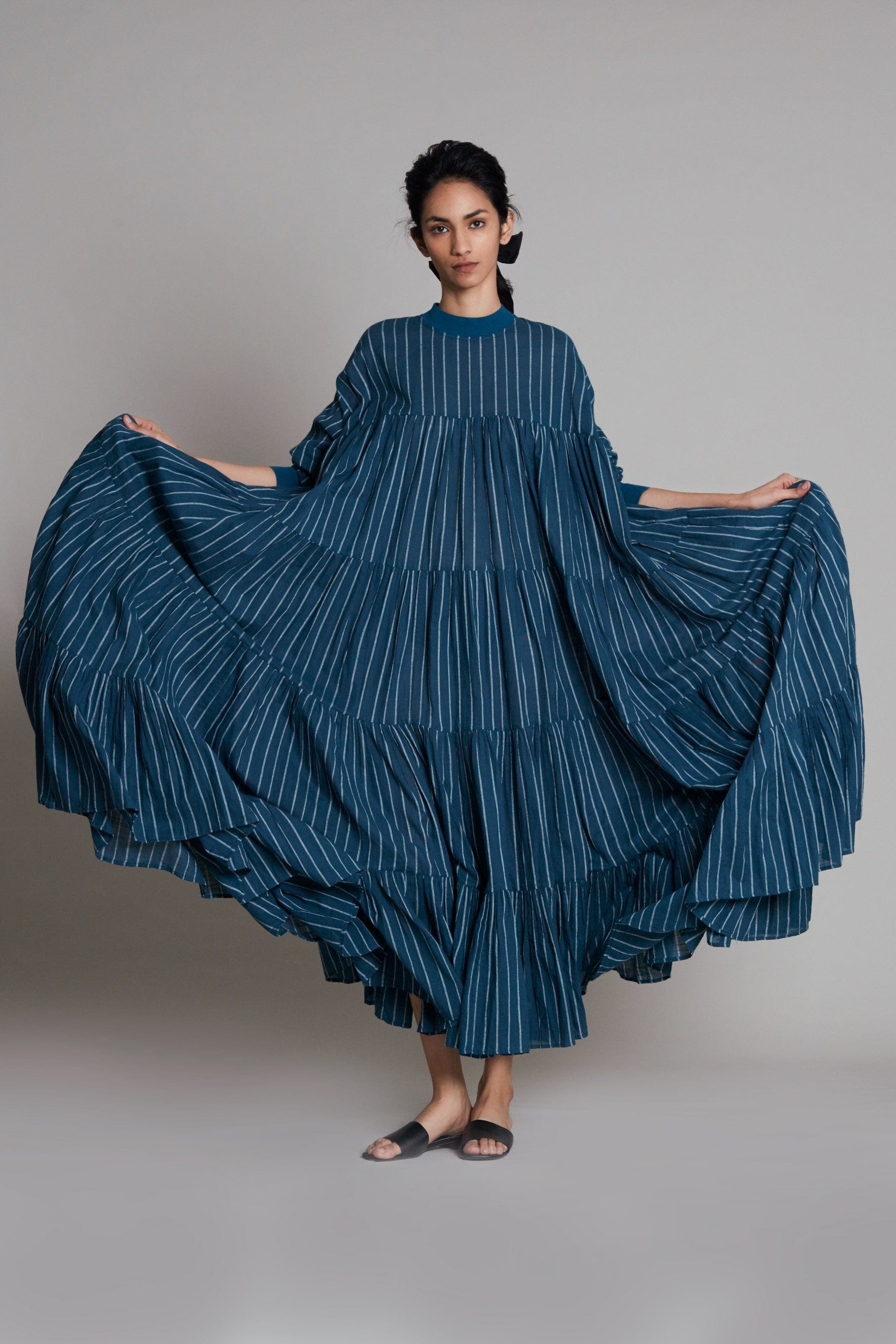  Handwoven cotton striped maxi dress in teal blue with voluminous frills and rib detailing, Azo-free dye, by MATI India