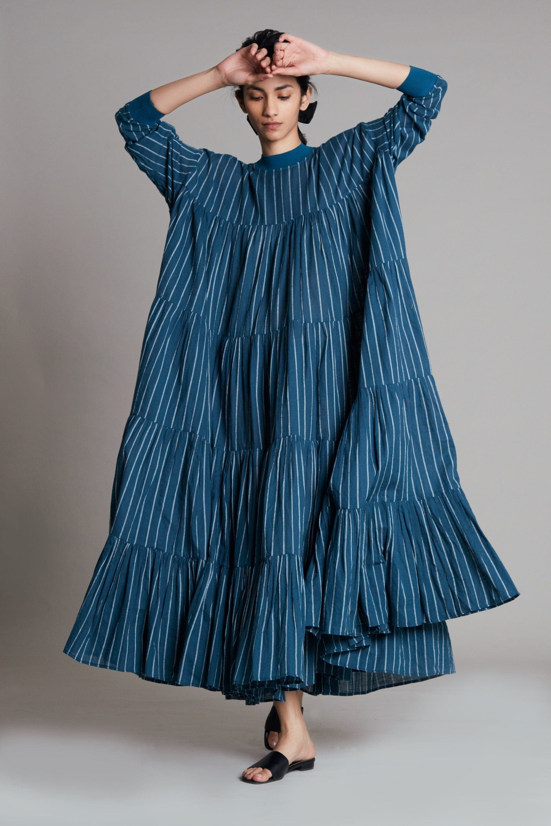 Handwoven cotton striped maxi dress in teal blue with voluminous frills and rib detailing, Azo-free dye, by MATI India